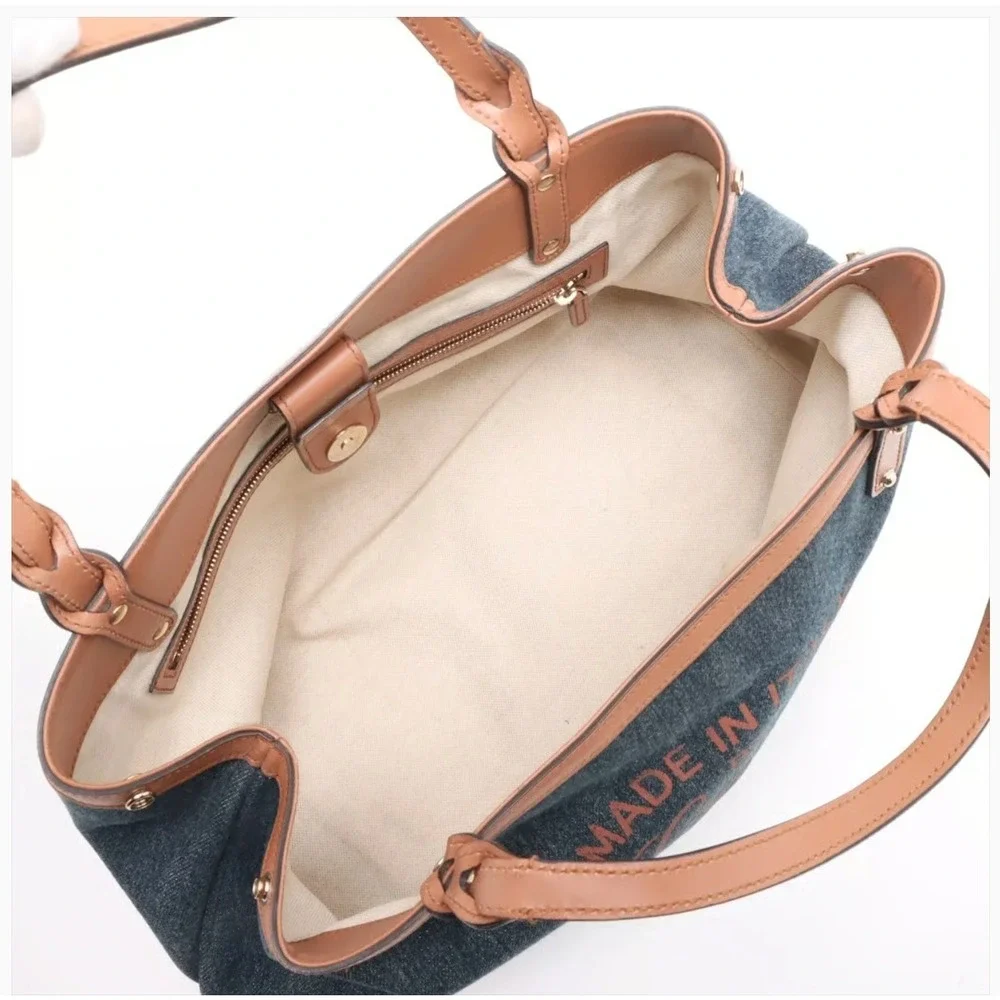 GUCCI Craft Logo Navy Denim & Tan Leather Tote Bag - Picture 4 of 5